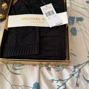 Michael Kors Black Knit Scarf and Hat Set